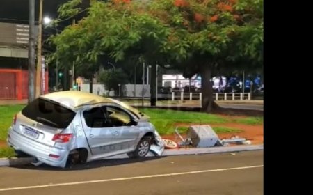Peugeot 208 perde controle e causa prejuízo no canteiro central