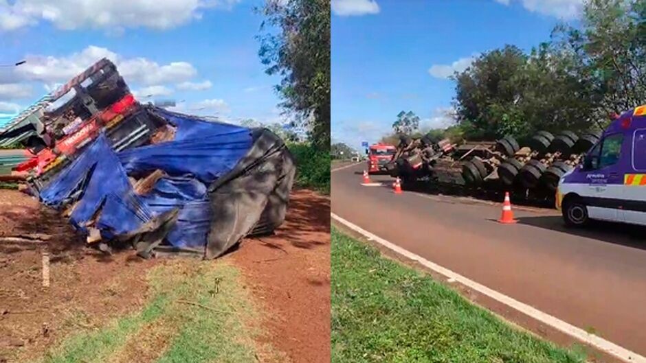 Carreta carregada com madeira tomba na BR-163, em Rio Brilhante