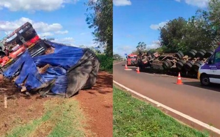 Carreta carregada com madeira tomba na BR-163, em Rio Brilhante