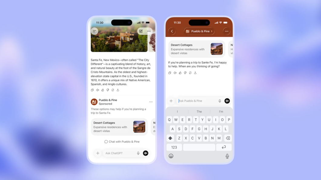 Duas capturas de tela em uma conversa no ChatGPT mostram anúncios sendo exibidos no chat