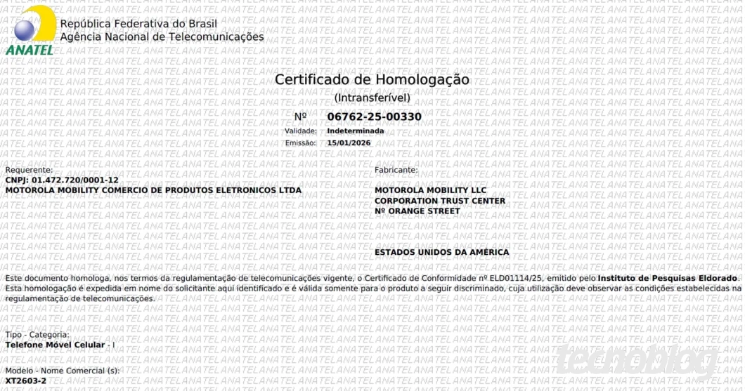 Certificado de homologação do Motorola Signature