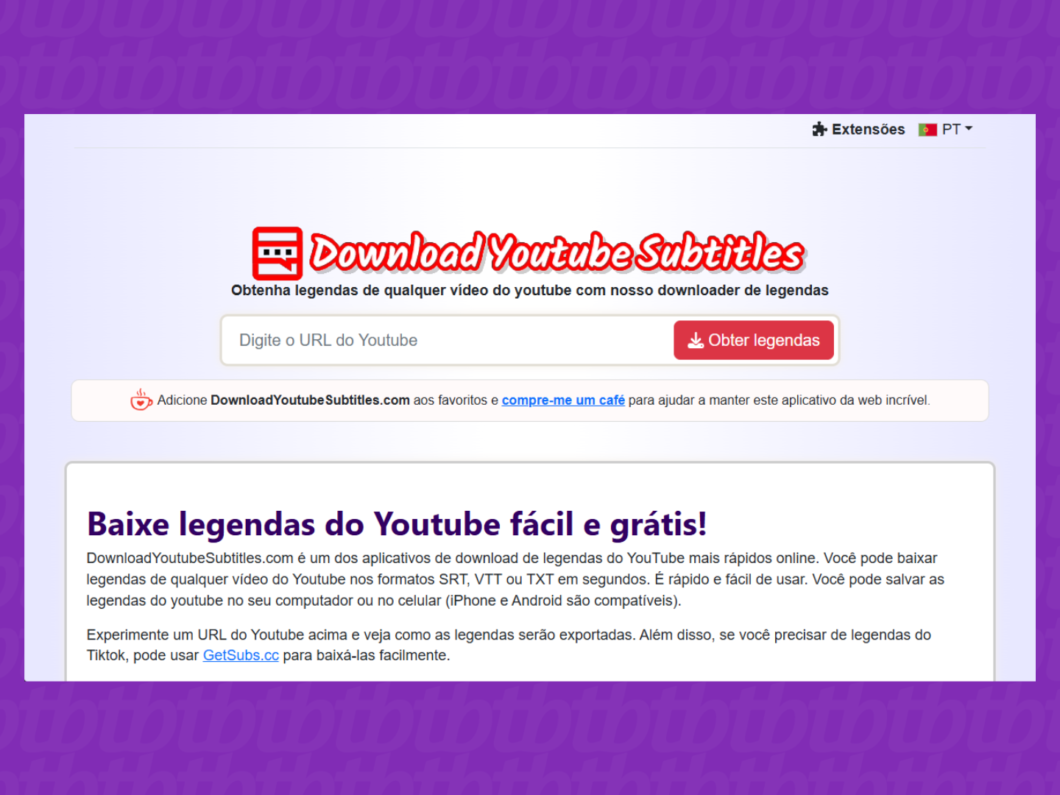 Acessando o site Download YouTube Subtitles