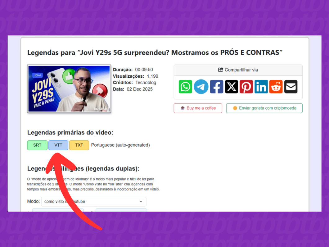 Baixando a legenda do vídeo do YouTube