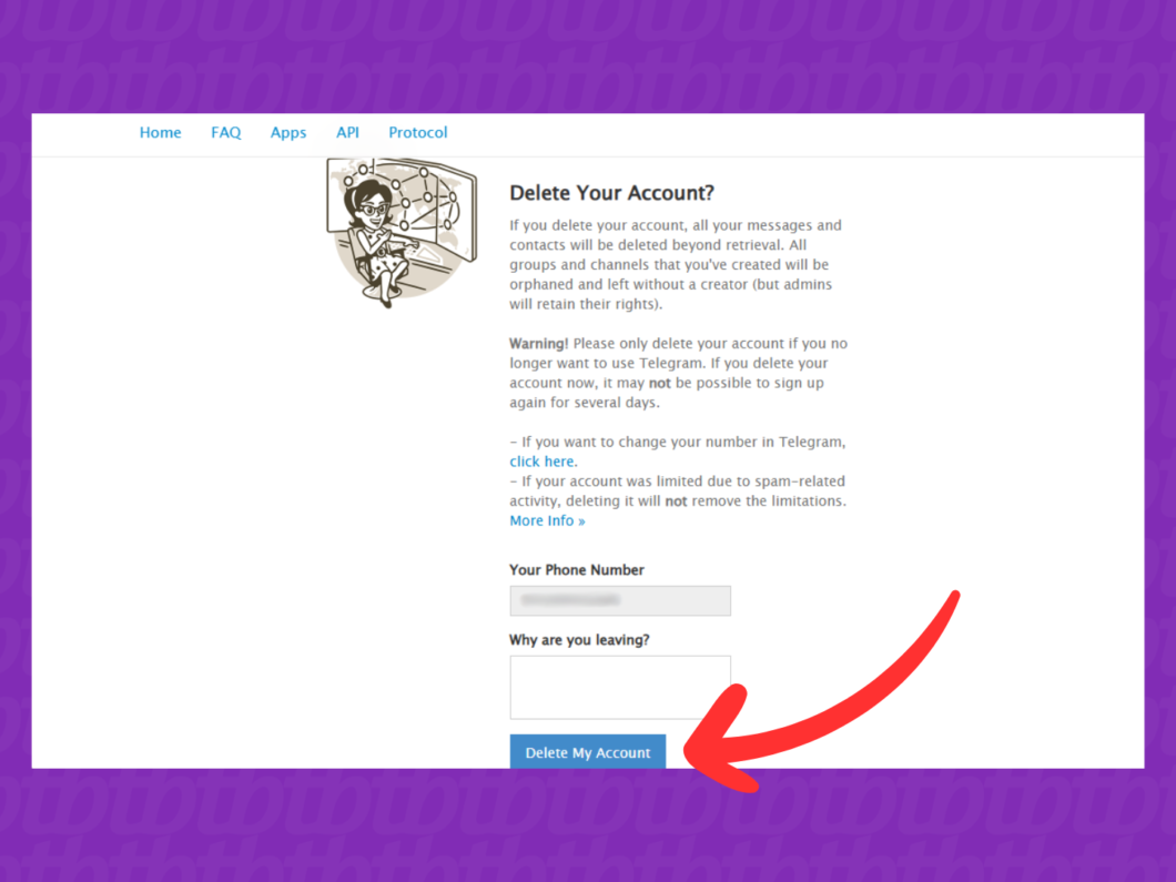 Confirmando a exclusão da conta do Telegram