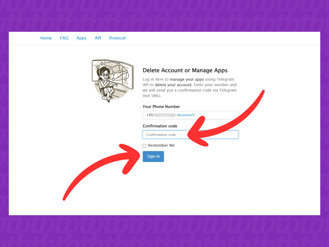 Inserindo o código de confirmação