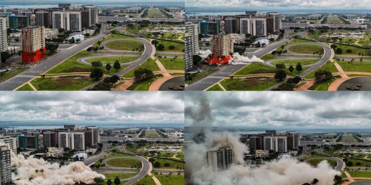 Multidão acompanha implosão de hotel no centro de Brasília