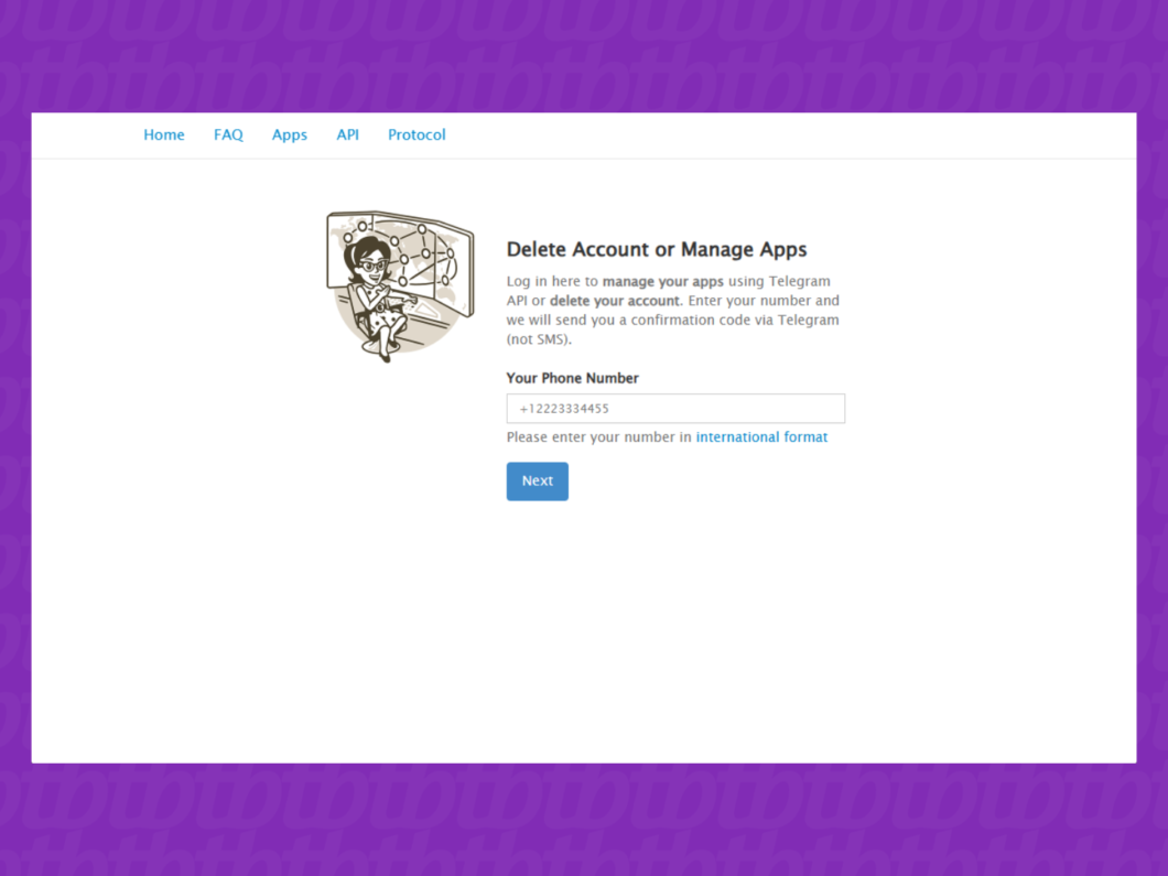 Acessando a página oficial de exclusão do Telegram