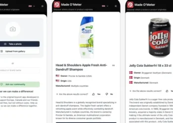 Três capturas de tela do aplicativo Made O'Meter, uma ferramenta desenvolvida na Dinamarca para identificar a origem e os proprietários de marcas e produtos. As telas mostram a função de busca por foto ou nome, e os resultados detalhados para o shampoo Head & Shoulders (propriedade da Procter & Gamble, EUA) e para a Jolly Cola (marca local da Dinamarca).
