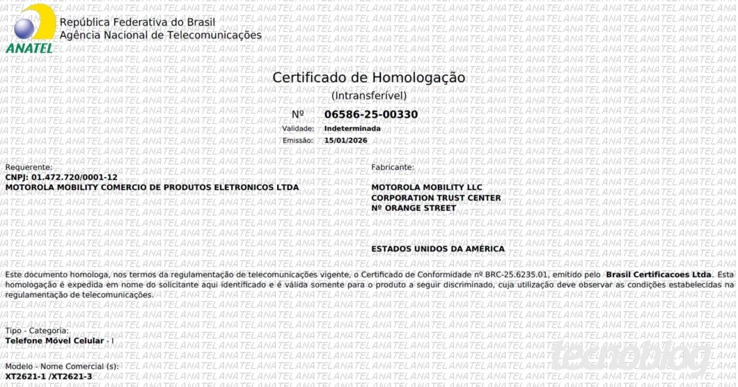 Certificado de homologação do Motorola XT2621