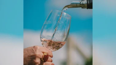 mão de uma mulher segurando uma taça de vinho enquanto uma garrafa derruba o vinho de altitude dentro dela. ao fundo um céu azul