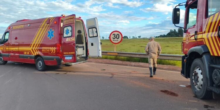 Piloto de moto fica ferido após queda em rotatória na MS-473