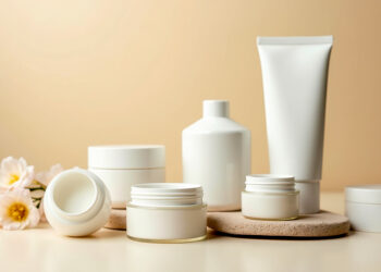 Disposição de frascos de cosméticos
