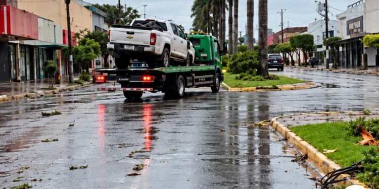 Caminhonete derruba palmeira no canteiro central e atinge poste